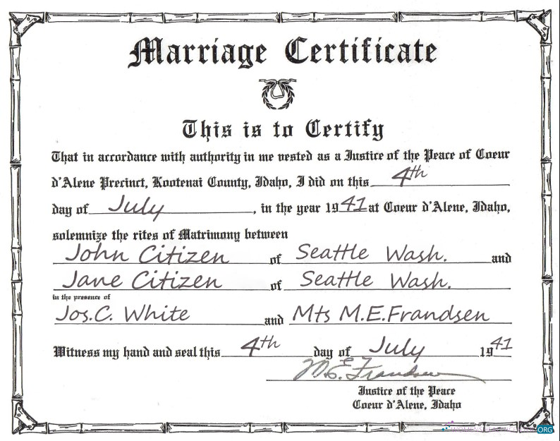 Download USA Idaho marriage certificate template in PSD format Photoshop template